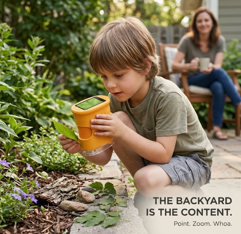Boy exploring plants in the backyard with the microscope