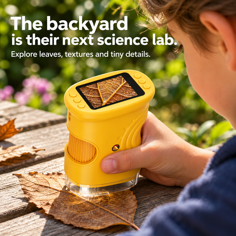 Microscope held over a leaf in the garden with the detail shown on screen
